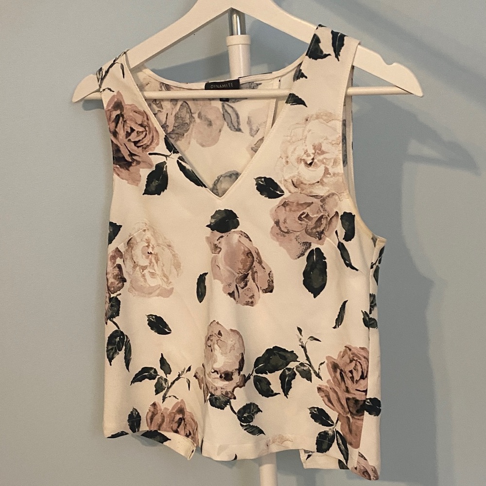 Dynamite Cream and Brown Rose Print Sleeveless Blouse
